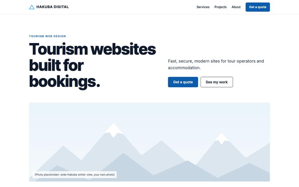 The new Hakuba Digital home page, with the heading 'Tourism websites built for bookings.'