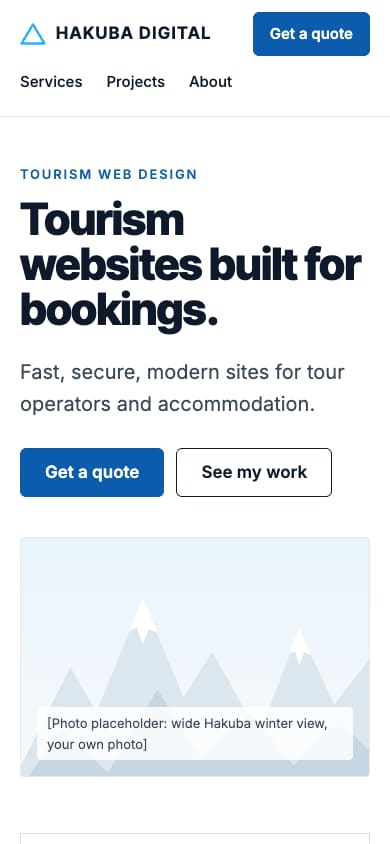 The new Hakuba Digital home page: the heading 'Tourism websites built for bookings.' with Get a quote and See my work buttons.