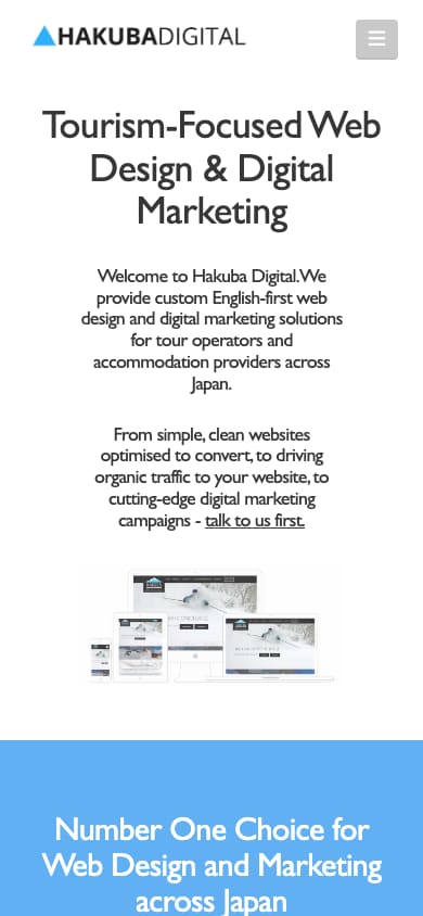 The old Hakuba Digital home page: logo, menu and the heading 'Tourism-Focused Web Design & Digital Marketing'.