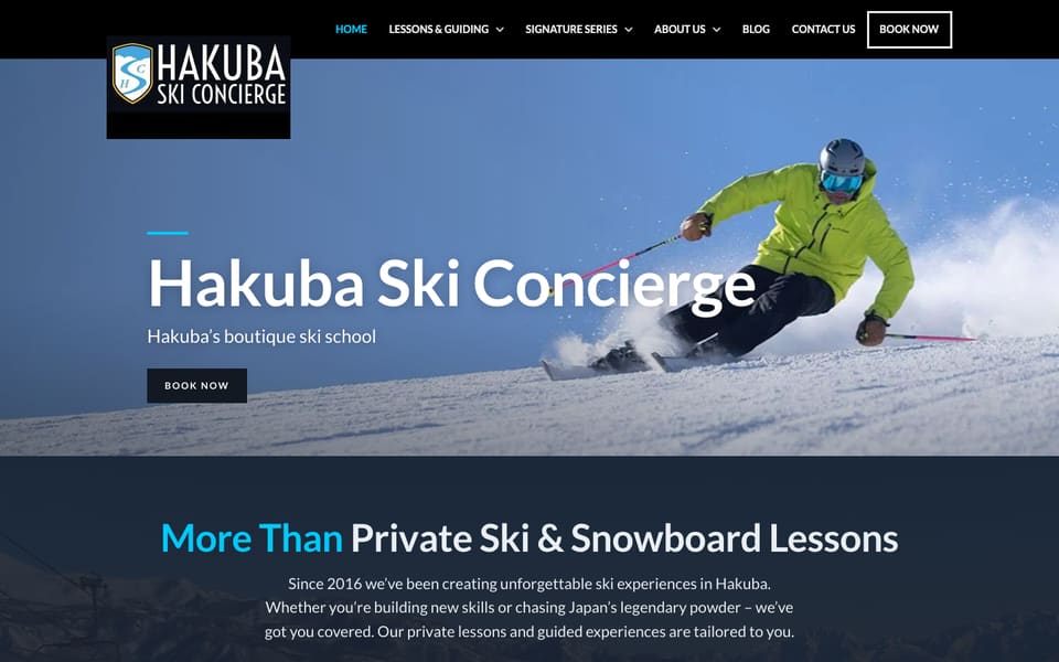 The Hakuba Ski Concierge home page: a skier carving down a groomed slope, with the heading 'Hakuba Ski Concierge' and a Book now button.